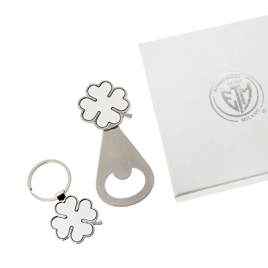 BOMBONIERA UTENSILE SET APRIBOTTIGLIA CON PORTACHIAVI QUADRIFOGLIO - ETM