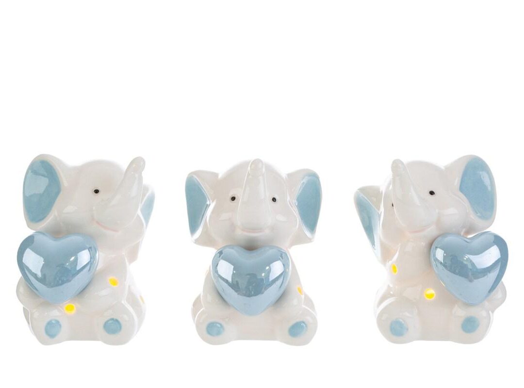 BOMBONIERA BATTESIMO ELEFANTINO PORCELLANA CELESTE 3 ASSORTITI