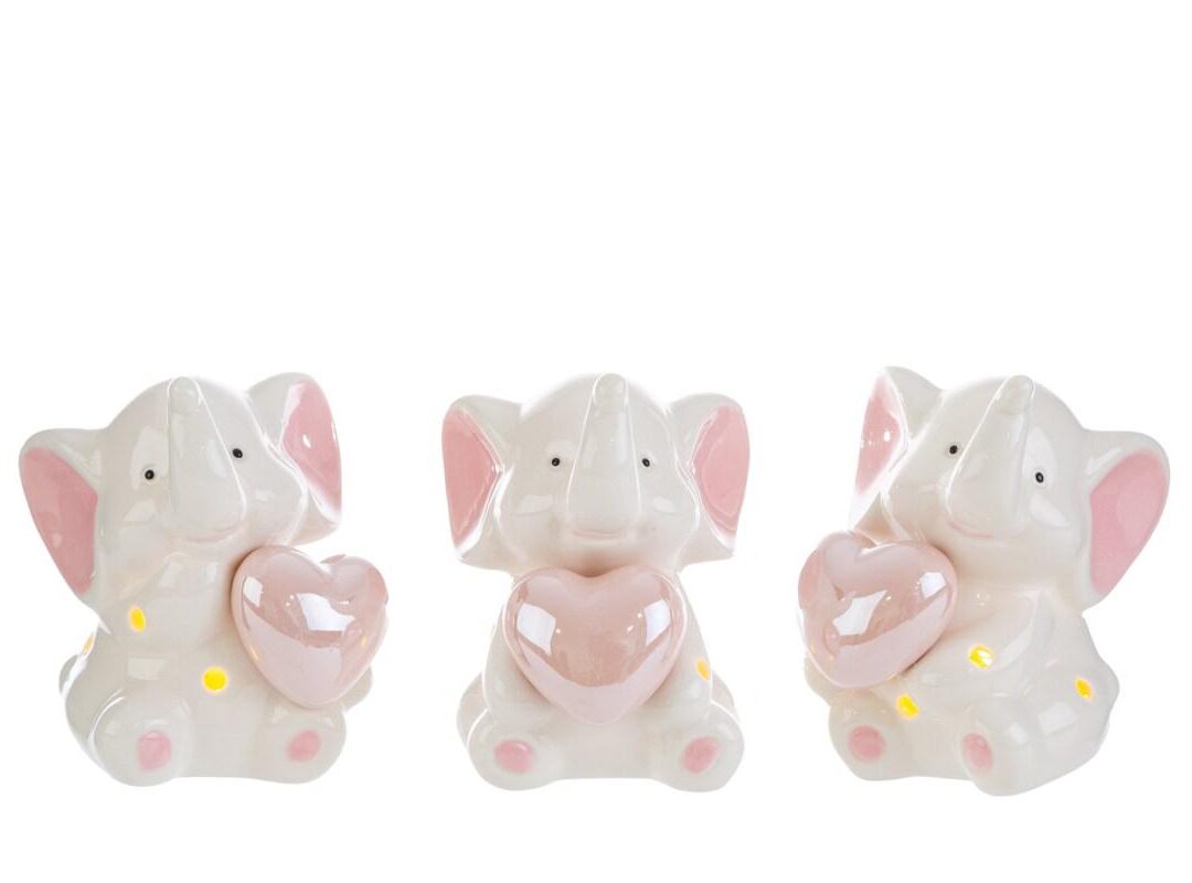 BOMBONIERA BATTESIMO ELEFANTINO PORCELLANA ROSA 3 ASSORTITI
