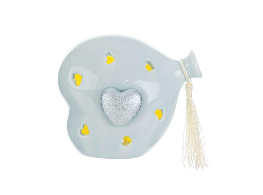 BOMBONIERA BATTESIMO CUORE PALLONCINO PORCELLANA LED CELESTE C/SHOPPER