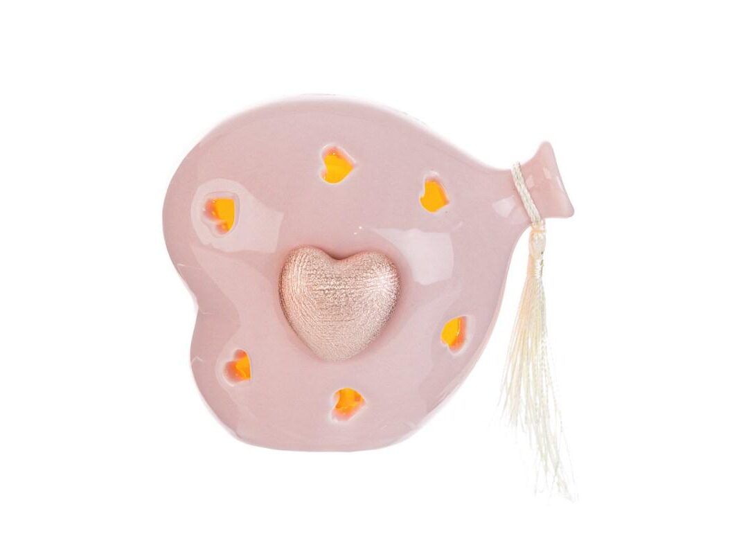 BOMBONIERA BATTESIMO CUORE PALLONCINO PORCELLANA LED ROSA C/SHOPPER