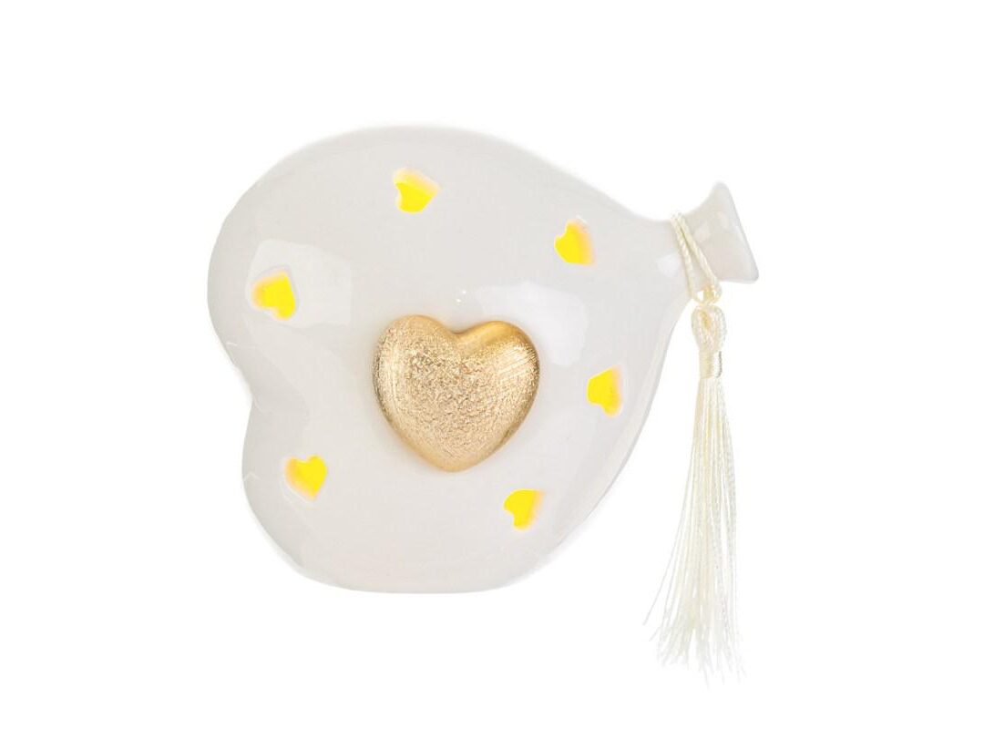 BOMBONIERA BATTESIMO CUORE PALLONCINO PORCELLANA LED ORO C/SHOPPER