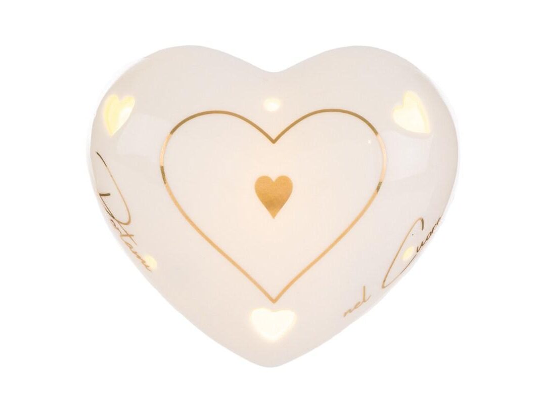 BOMBONIERA MATRIMONIO CUORE LED PORCELLANA BIANCO CON SHOPPER