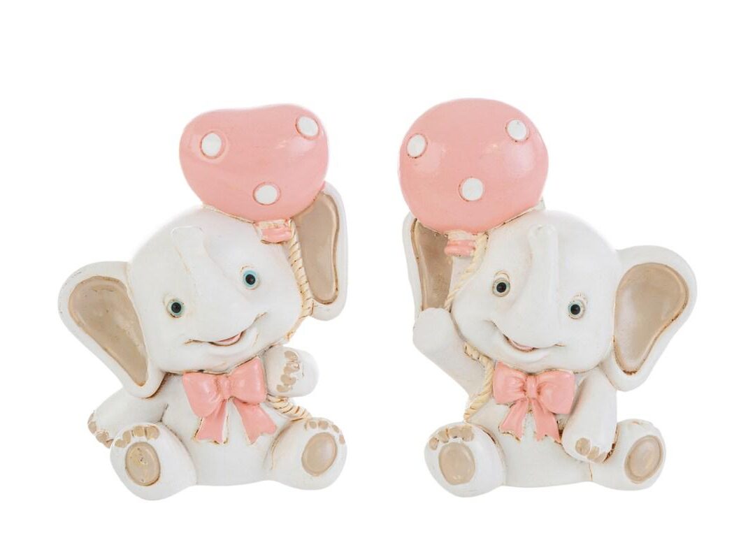 BOMBONIERA BATTESIMO ELEFANTINO CALAMITA RESINA ROSA 2 ASSORTITI