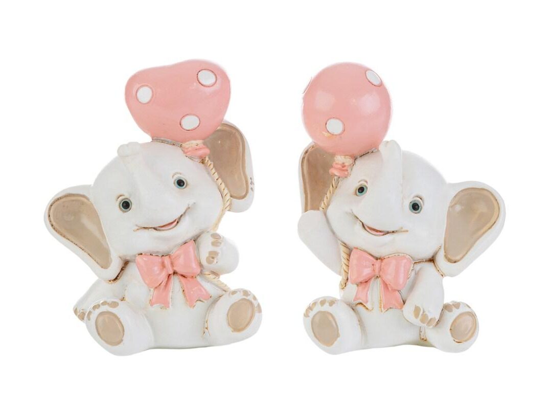 BOMBONIERA BATTESIMO ELEFANTINO RESINA ROSA 2 ASSORTITI