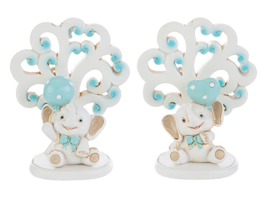 BOMBONIERA BATTESIMO ELEFANTINO ALBERO DELLA VITA RESINA CELESTE 2 ASSORTITI