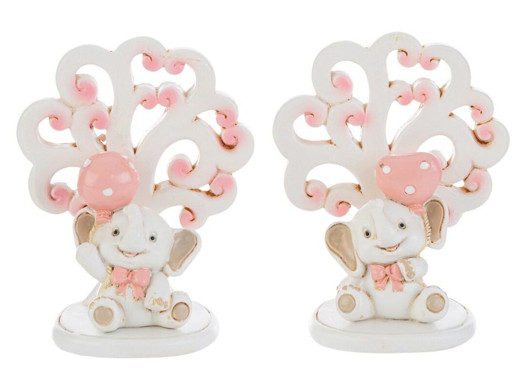 BOMBONIERA BATTESIMO ELEFANTINO ALBERO DELLA VITA RESINA ROSA 2 ASSORTITI
