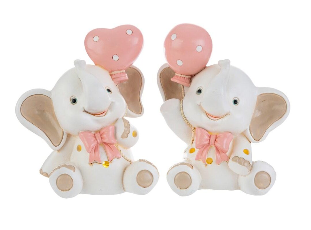BOMBONIERA BATTESIMO ELEFANTINO LED RESINA ROSA 2 ASSORTITI