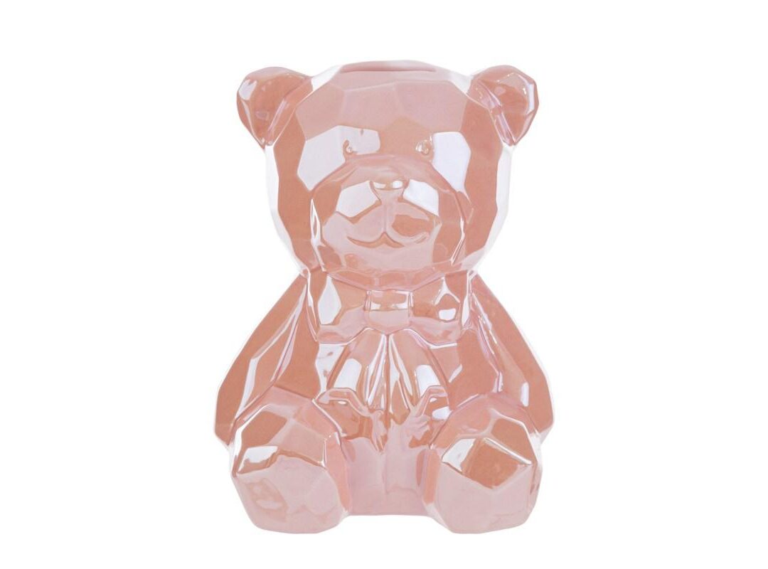 BOMBONIERA BATTESIMO ORSETTO SALVADANAIO PORCELLANA ROSA C/SHOPPER