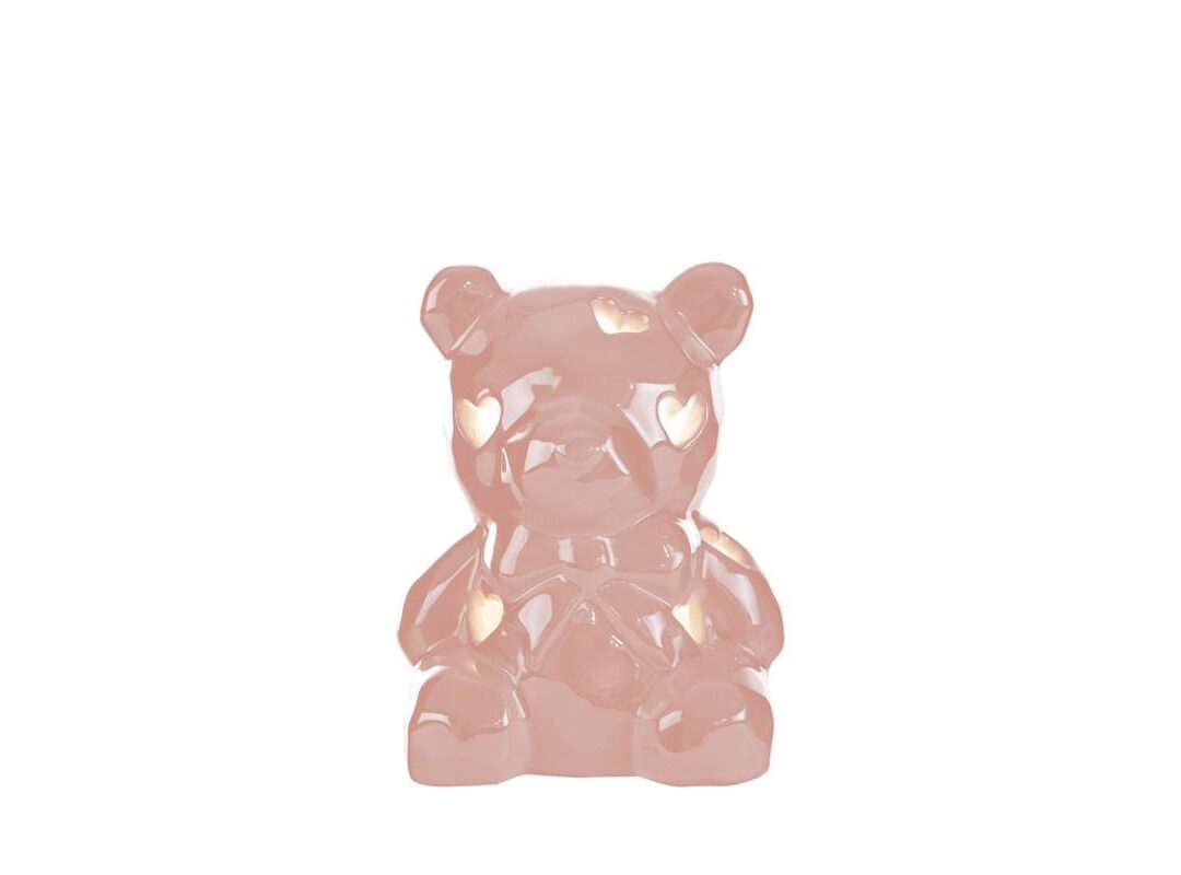 BOMBONIERA BATTESIMO ORSETTO LED PORCELLANA ROSA C/SHOPPER