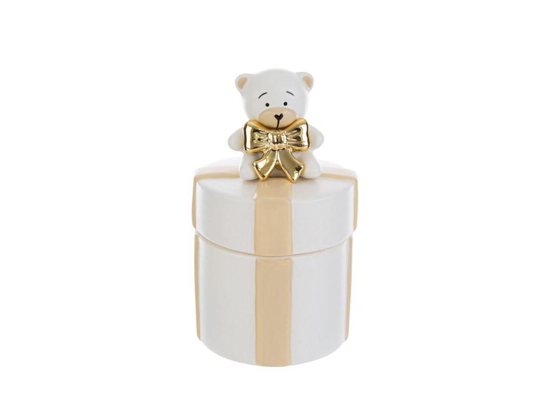 BOMBONIERA BATTESIMO SCATOLA ORSETTO PORCELLANA BIANCO CON FIOCCO ORO C/SHOPPER