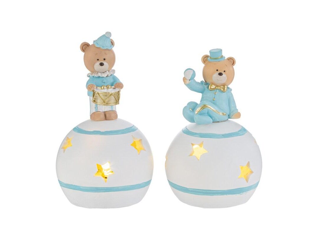 BOMBONIERA BATTESIMO ORSETTO SUONATORE RESINA SU SFERA LED CELESTE 2 ASSORTITI