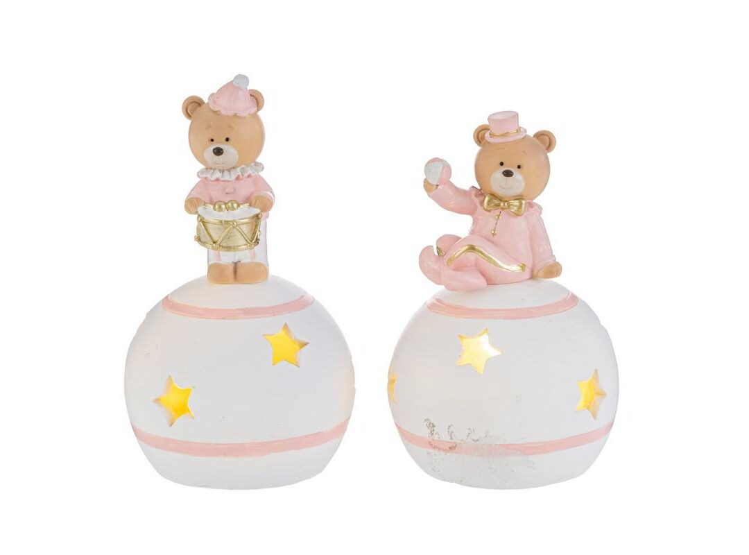 BOMBONIERA BATTESIMO ORSETTO SUONATORE RESINA SU SFERA LED ROSA 2 ASSORTITI