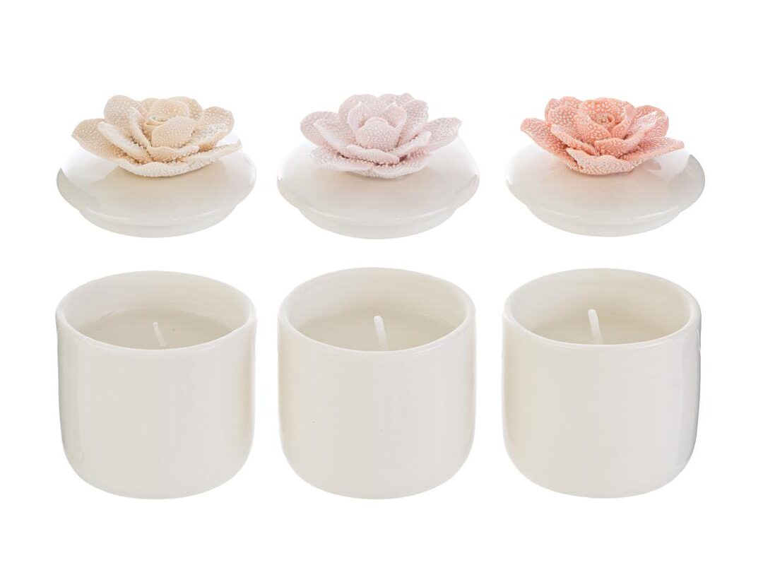 BOMBONIERA MATRIMONIO SCATOLA CANDELA PORCELLANA FIORE 3 ASSORTITI