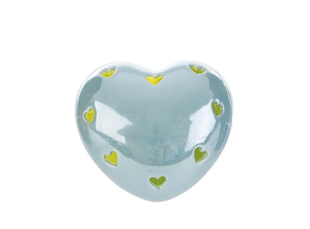 BOMBONIERA BATTESIMO CUORE PORCELLANA LED CELESTE C/SHOPPER