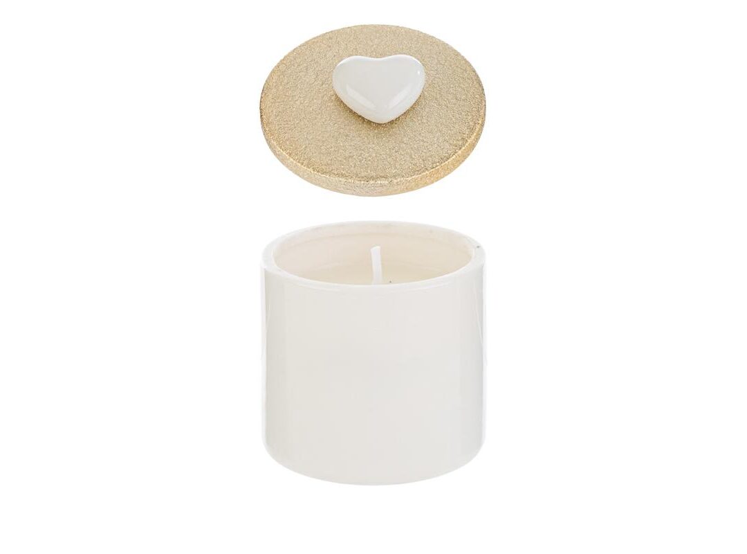BOMBONIERA BATTESIMO SCATOLA CANDELA CUORE PORCELLANA BIANCO C/SHOPPER