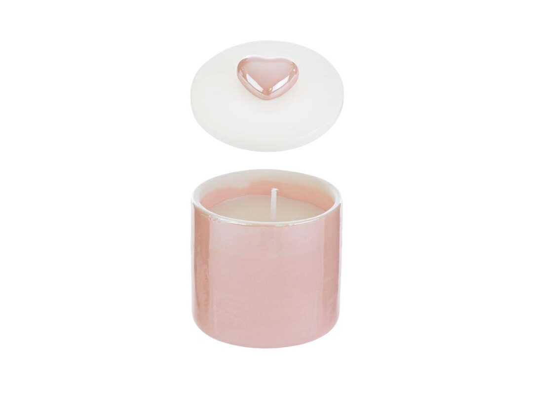 BOMBONIERA BATTESIMO SCATOLA CANDELA CUORE PORCELLANA ROSA C/SHOPPER