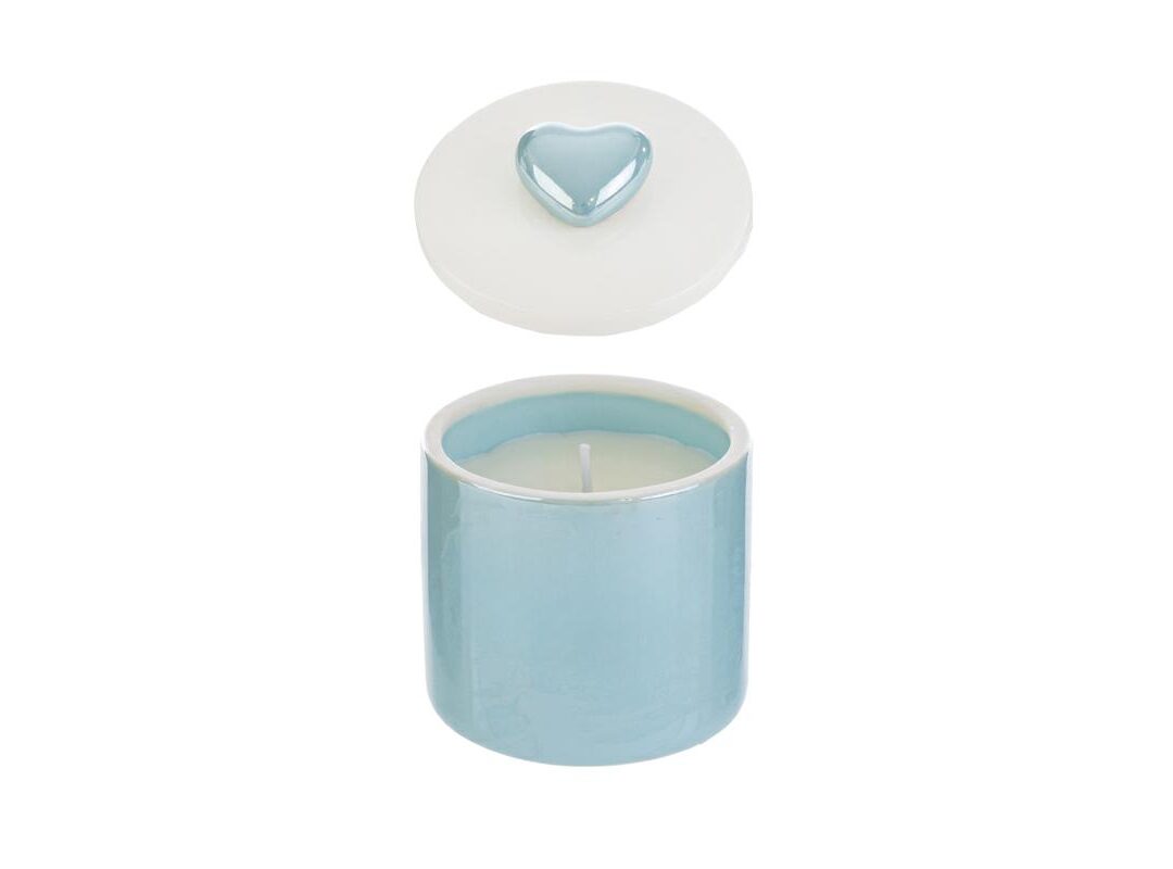 BOMBONIERA BATTESIMO SCATOLA CANDELA CUORE PORCELLANA CELESTE C/SHOPPER
