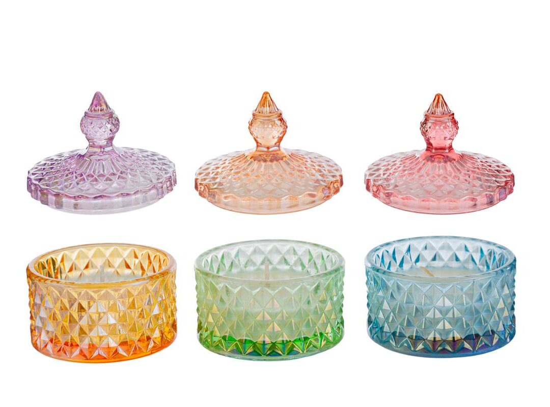 BOMBONIERA MATRIMONIO SCATOLA CANDELA VETRO COLORATO 3 ASSORTITI