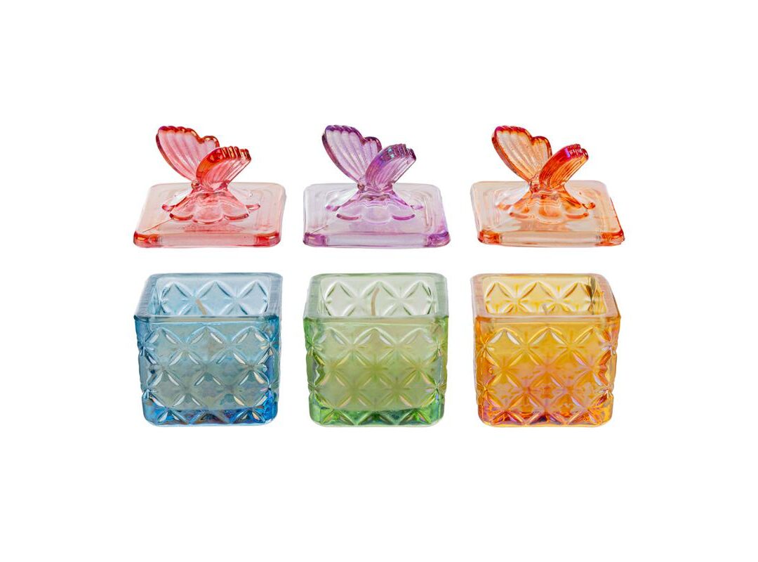 BOMBONIERA MATRIMONIO SCATOLA CANDELA VETRO COLORATO 3 ASSORTITI