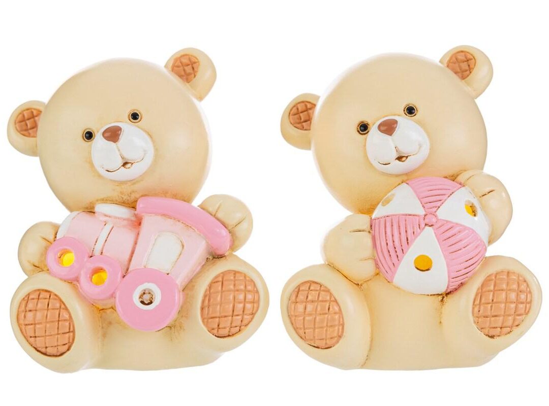 BOMBONIERA BATTESIMO ORSETTO RESINA LED ROSA 2 ASSORTITI