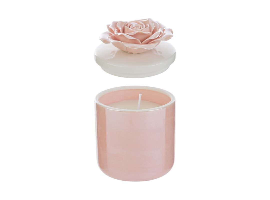 BOMBONIERA MATRIMONIO SCATOLA CANDELA ROSA PORCELLANA CON ASTUCCIO