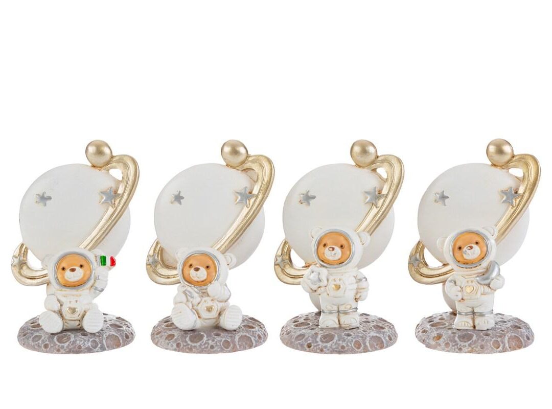 BOMBONIERA BATTESIMO ORSETTO ASTRONAUTA RESINA 4 ASSORTITI