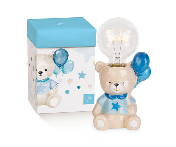 Bomboniere Battesimo Lampada Porcellana Orsetto Palloncini Bimbo Celeste