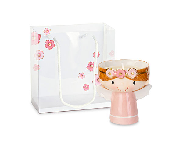 Bomboniere Battesimo Angioletto Porcellana Vasetto Candela Bimba Rosa