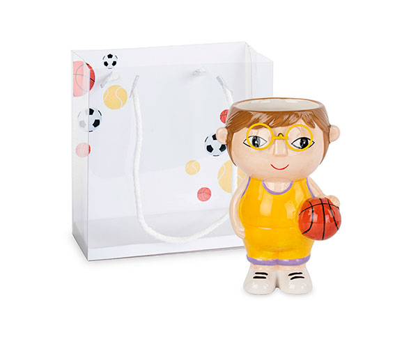Bomboniere Comunione Bimbo Porcellana Vaso Porta Pianta Giocatore Basket