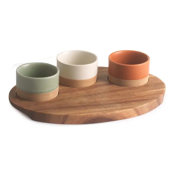 BOMBONIERA MATRIMONIO ANTIPASTIERA 3 CIOTOLE PORCELLANA CON BASE LEGNO - PABEN