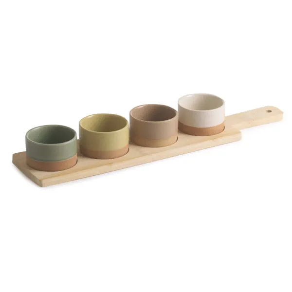 BOMBONIERA MATRIMONIO ANTIPASTIERA 4 CIOTOLE PORCELLANA CON BASE LEGNO - PABEN