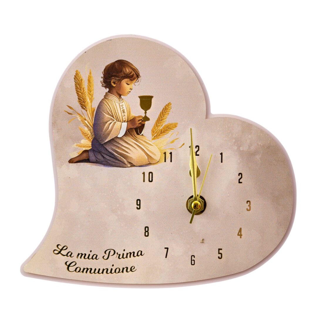 BOMBONIERA COMUNIONE OROLOGIO CUORE BIMBO CALICE DECORATO
