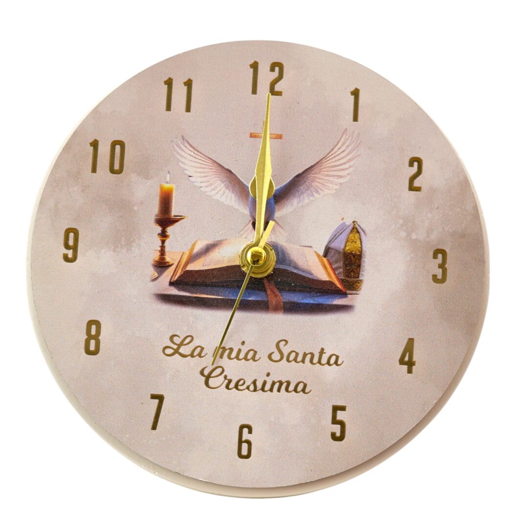 BOMBONIERA CRESIMA OROLOGIO TONDO con DECORO ORO