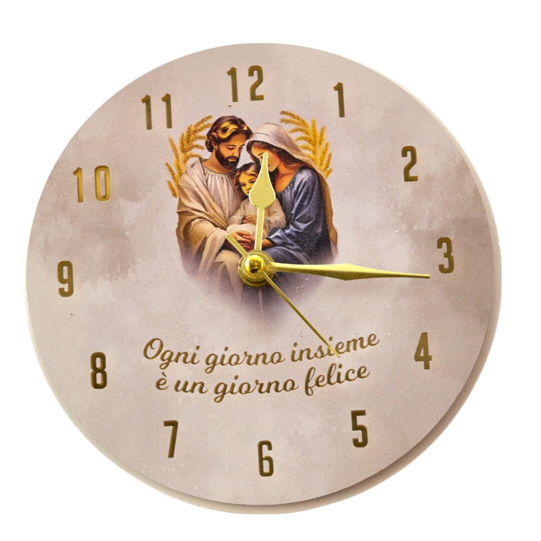 BOMBONIERA MATRIMONIO OROLOGIO TONDO con DECORO ORO SACRA FAMIGLIA