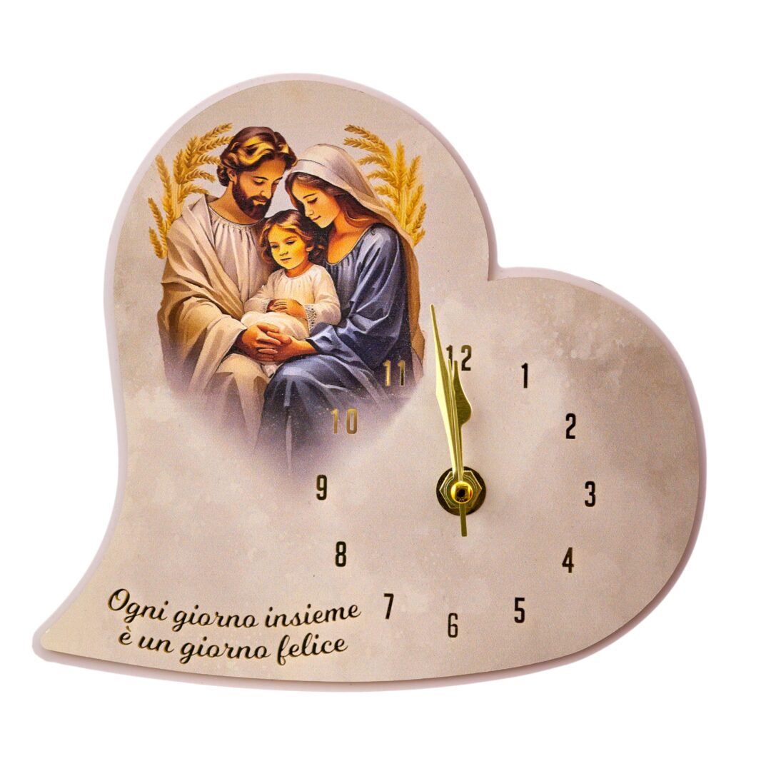 BOMBONIERA MATRIMONIO OROLOGIO CUORE con DECORO SACRA FAMIGLIA