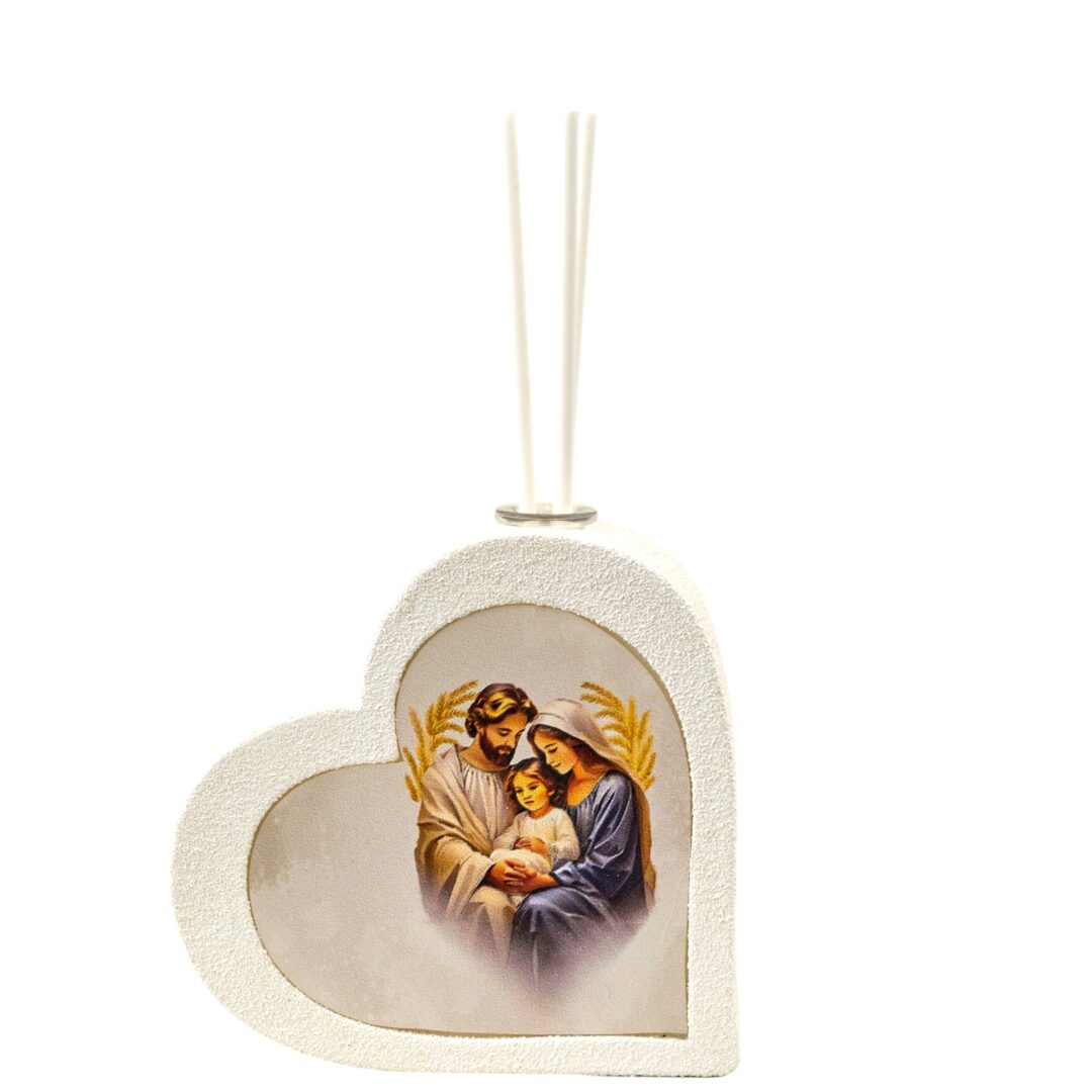 BOMBONIERA MATRIMONIO PROFUMATORE CUORE con DECORO SACRA FAMIGLIA