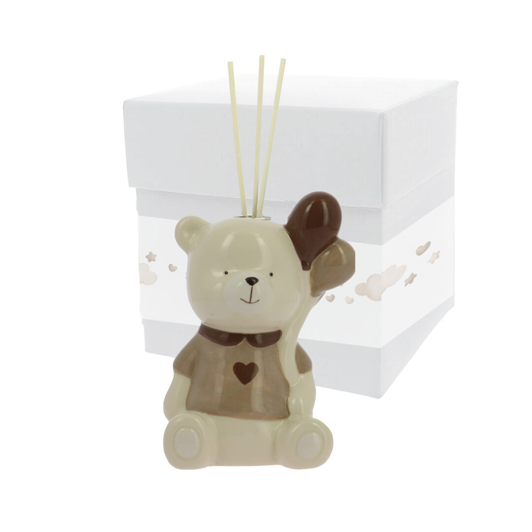 Bomboniera Battesimo Profumatore Orsetto Beige Porcellana con Palloncini con Astuccio