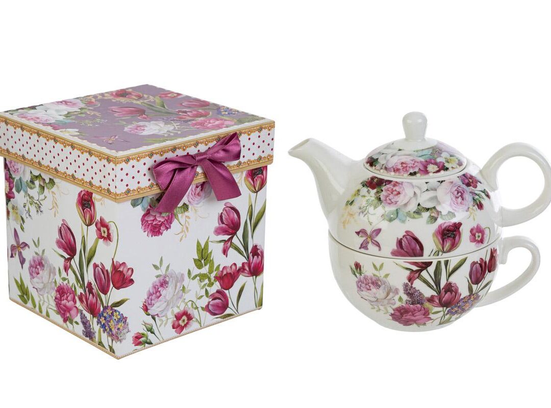 Bomboniera Matrimonio Set Teiera e Tazza Porcellana Decorata con Astuccio