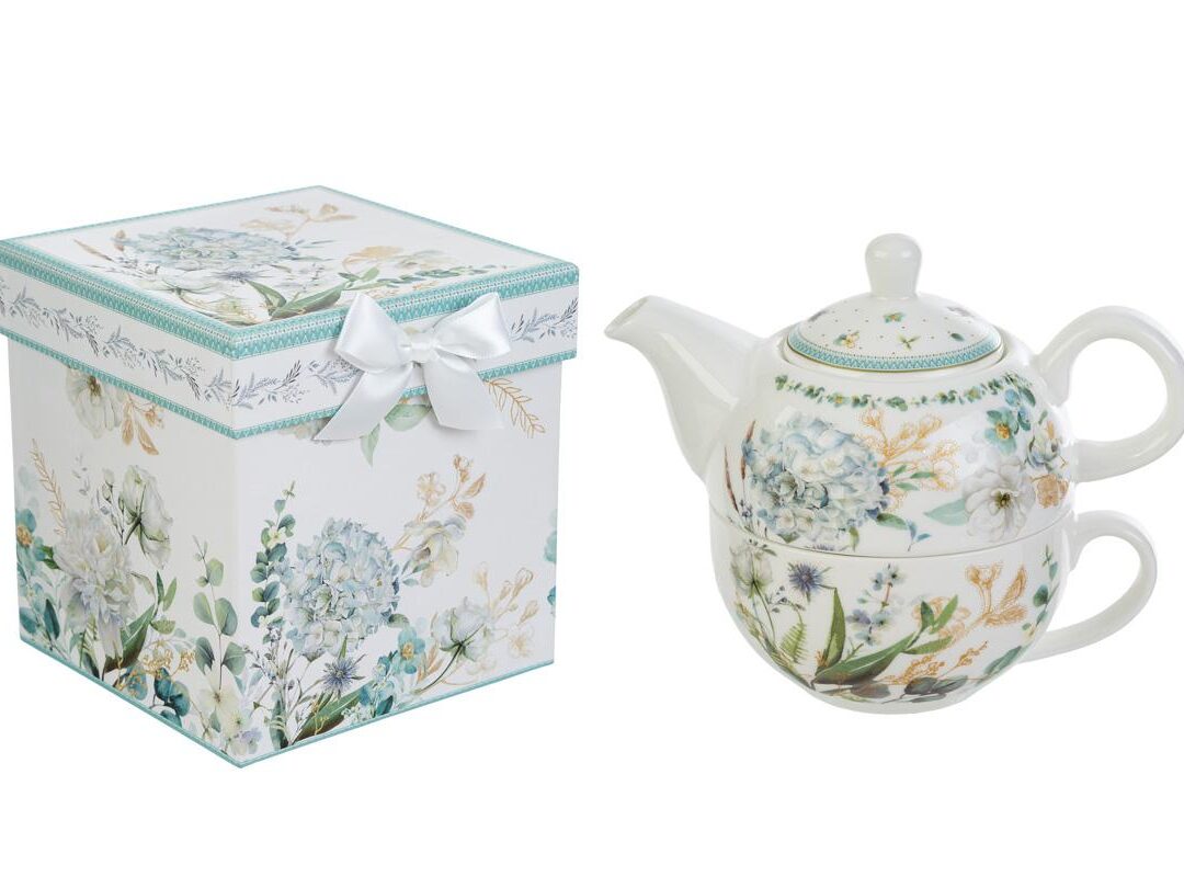 Bomboniera Matrimonio Set Teiera e Tazza Porcellana Decorata con Astuccio