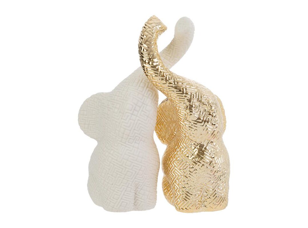 IDEA REGALO MATRIMONIO SET 2 ELEFANTINI PORCELLANA BIANCO / ORO CON ASTUCCIO