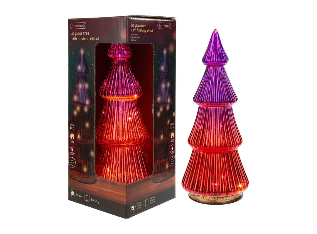 Albero Natalizio Vetro Con Luci Col.Rosa 11Xh.25Cm