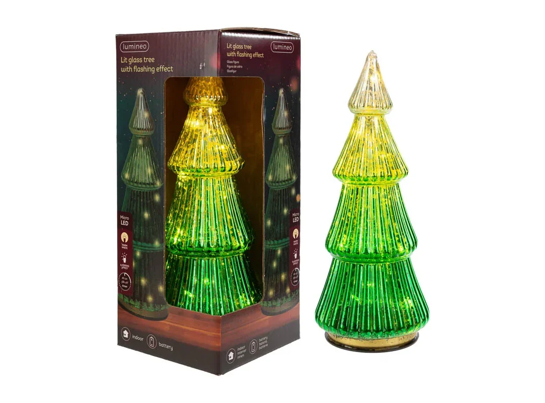 Albero Natalizio Vetro Con Luci Col.Verde 11Xh.25Cm