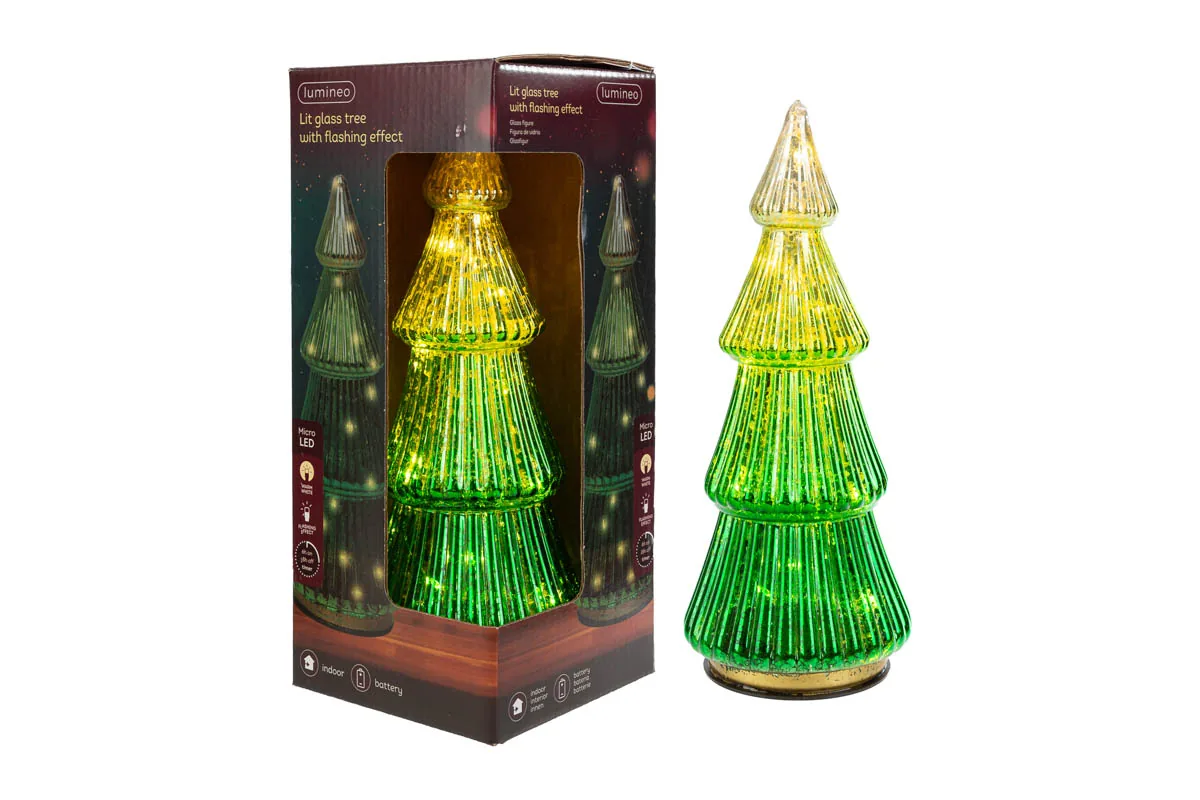 Albero Natalizio Vetro Con Luci Col.Verde 11Xh.25Cm