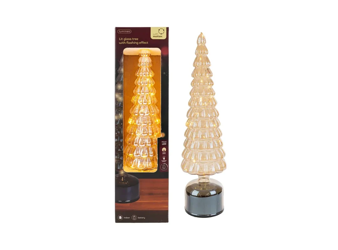 Albero Rotante Natalizio Vetro Con Luci Col.Ambra 10Xh.34Cm