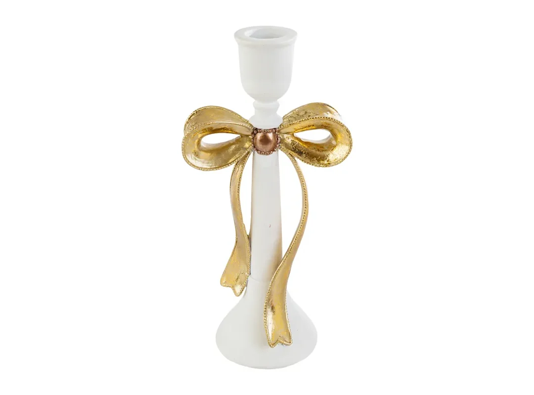 Portacandele Fiocco Bianco/Oro Resina 12,5X9Xh.26Cm