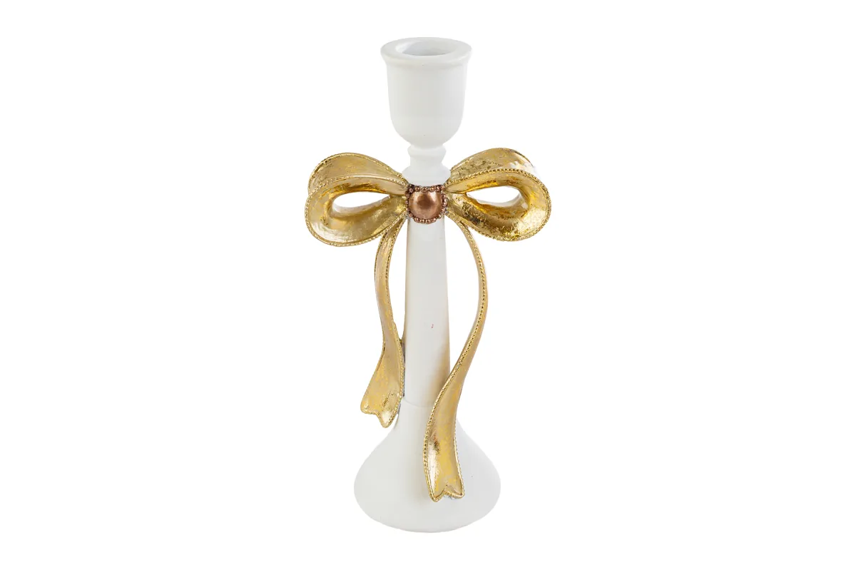 Portacandele Fiocco Bianco/Oro Resina 12,5X9Xh.26Cm