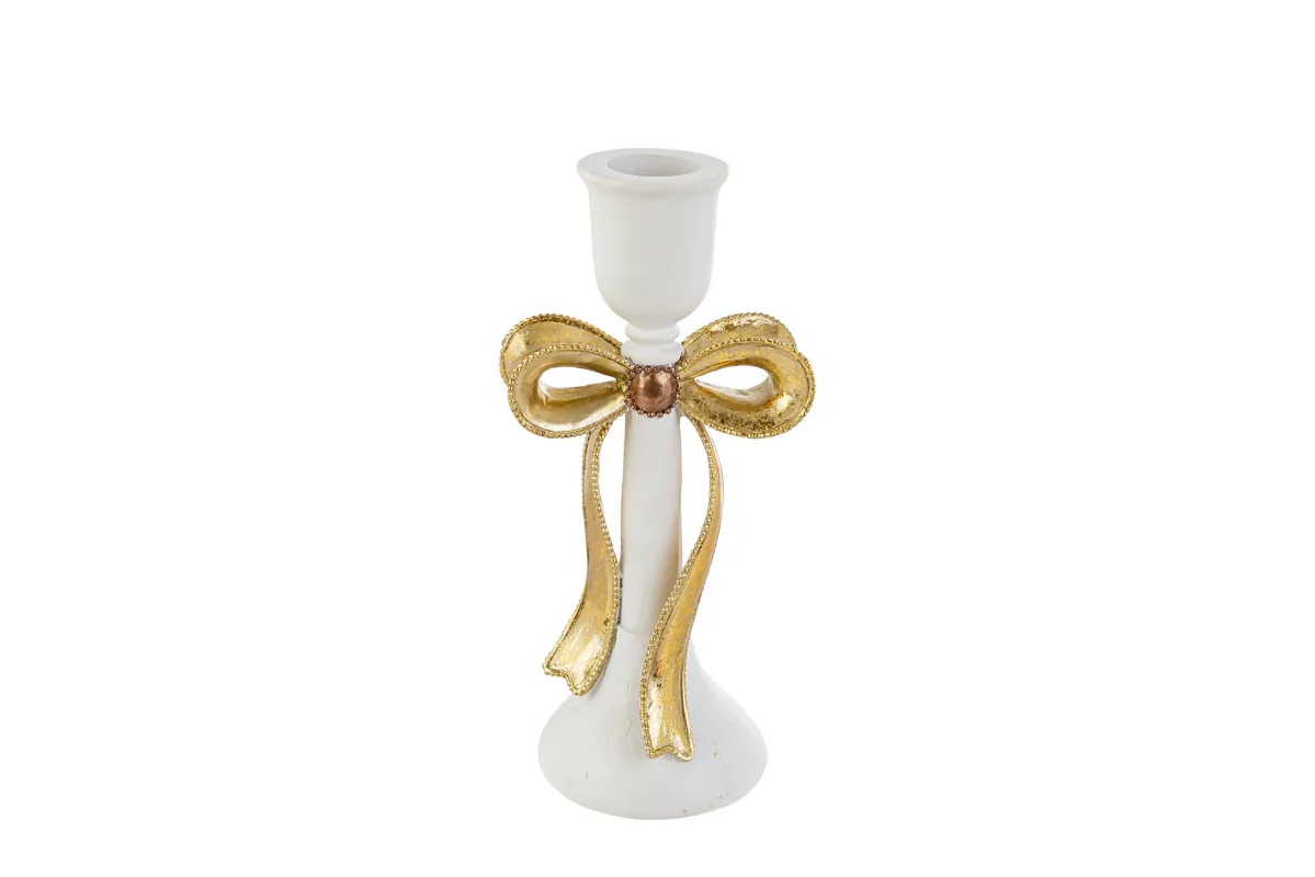 Portacandele Fiocco Bianco/Oro Resina 9,5X7,5Xh.20Cm Portacandele Fiocco Bianco/Oro Resina 9,5X7,5Xh.20Cm