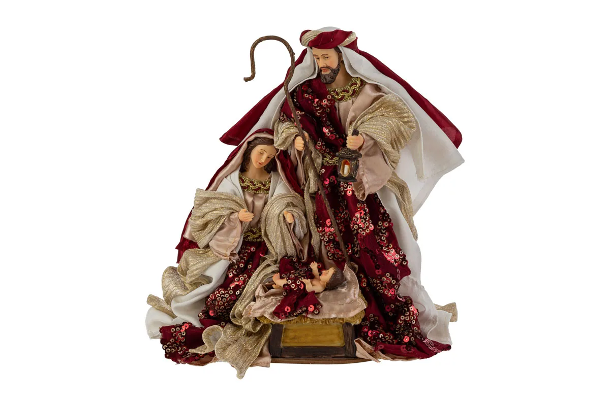 Sacra Famiglia Resina Vestita Bordeaux/Oro H.25,5Cm
